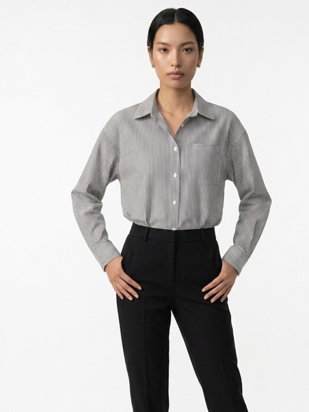 Striped Button-Front Long-Sleeve Blouse in Black and White